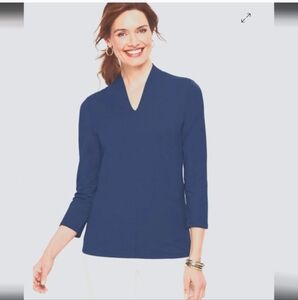 Talbots Womens Shirt Top Jersey High V Neck Blue Long Sleeve Layering Piece 2XP